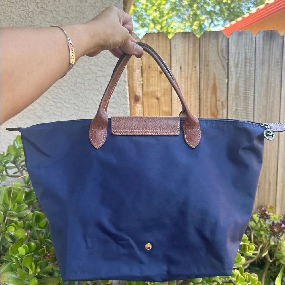 Longchamp Navy Tote with Brown Leather Trim